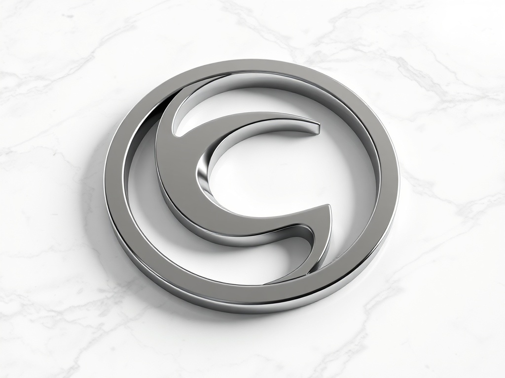 A stylized geometric logo mark (abstract motion wave) rendered in polished chrome on a white marble surface, studio lighting. Photorealistic, 8k, commercial photography style.